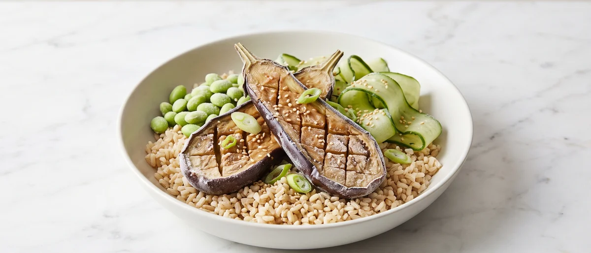Miso-Glazed Eggplant with Sesame Rice & Edamame - Lacquered miso eggplant over sesame rice with edamame and quick pickles