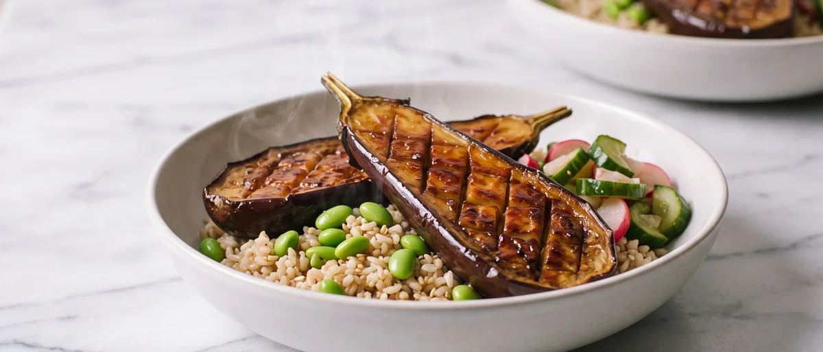Miso-Glazed Eggplant with Sesame Rice & Edamame - Lacquered miso eggplant over sesame rice with edamame and quick pickles