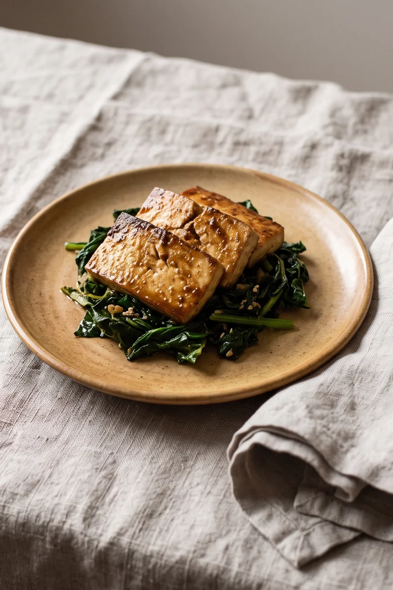 Miso-Glazed Tofu with Sesame Greens - Caramelized miso tofu over garlicky greens