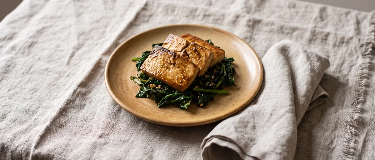 Miso-Glazed Tofu with Sesame Greens - Caramelized miso tofu over garlicky greens