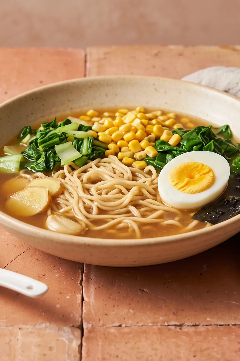 Miso Ramen-Style Noodle Bowls with Fully-Set Eggs - A quick miso broth over ramen noodles with corn, greens, nori and fully-cooked halved eggs