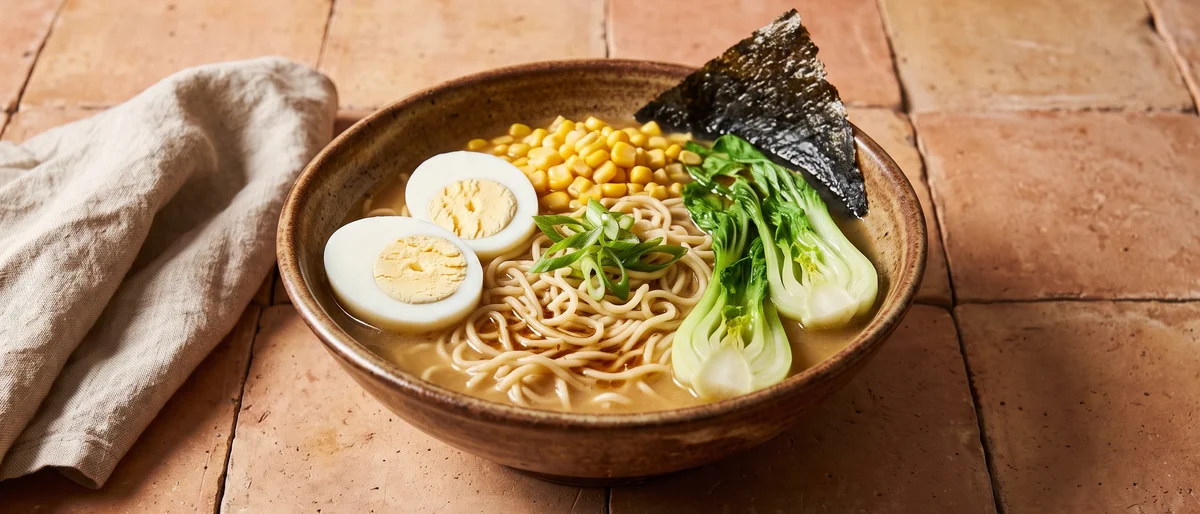 Miso Ramen-Style Noodle Bowls with Fully-Set Eggs - A quick miso broth over ramen noodles with corn, greens, nori and fully-cooked halved eggs