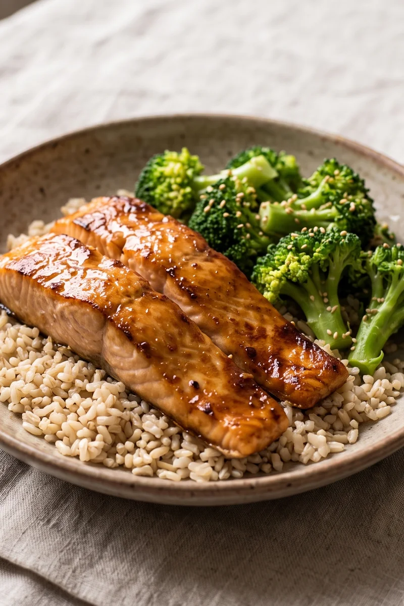 Miso Salmon & Sesame Broccoli Rice Bowl - Miso-glazed salmon over brown rice with sesame broccoli