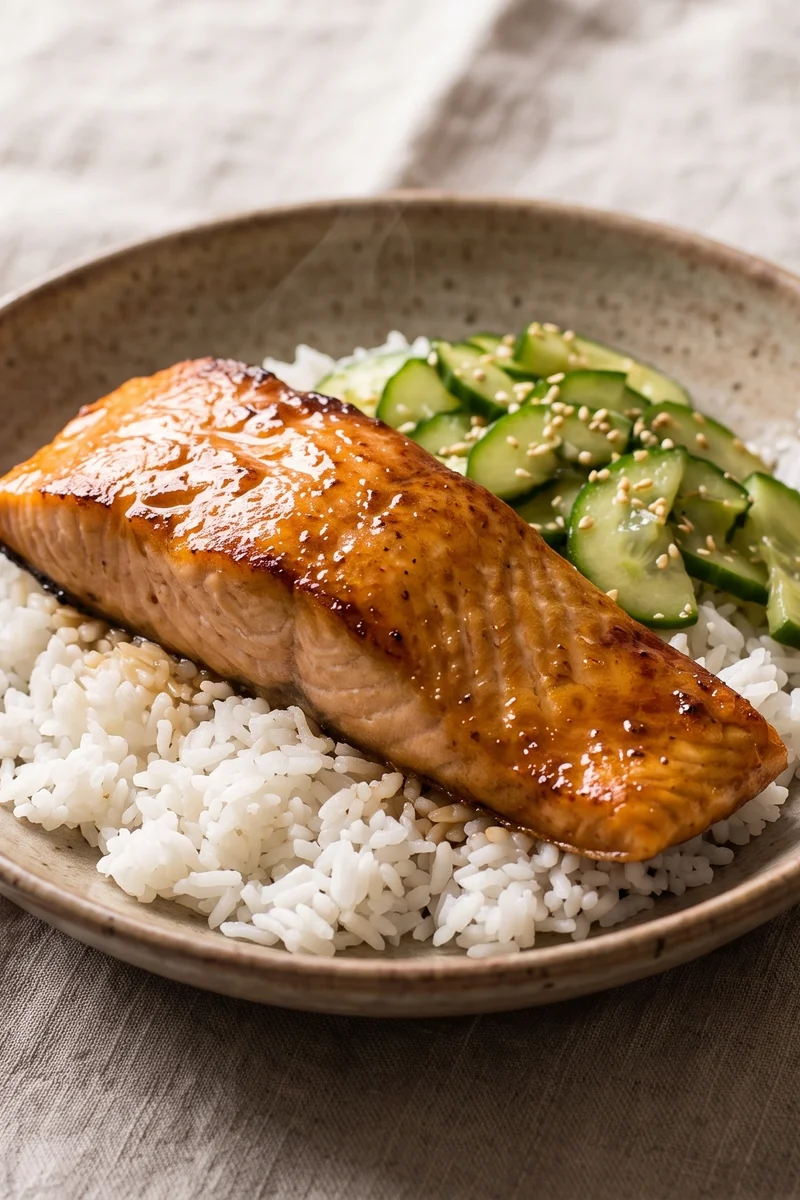 Miso Salmon Rice Bowl with Quick-Pickled Cucumber - Miso-glazed salmon over rice with sesame cucumber