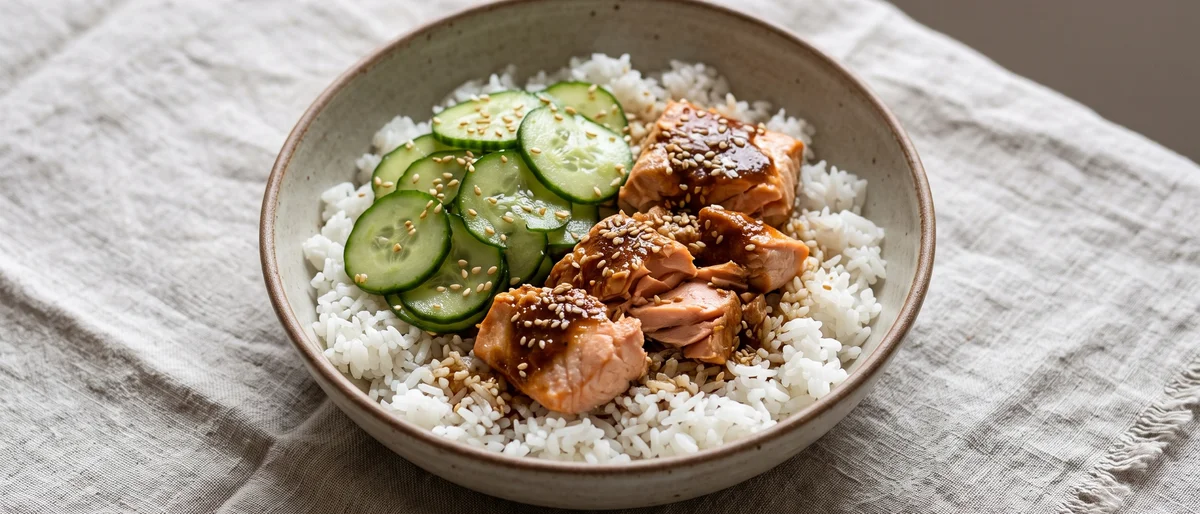Miso Salmon Rice Bowl with Quick-Pickled Cucumber - Miso-glazed salmon over rice with sesame cucumber