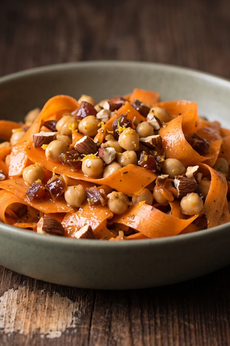 Moroccan-Spiced Carrot & Chickpea Salad - Ribboned carrots and chickpeas in a cumin-orange dressing with dates and almonds