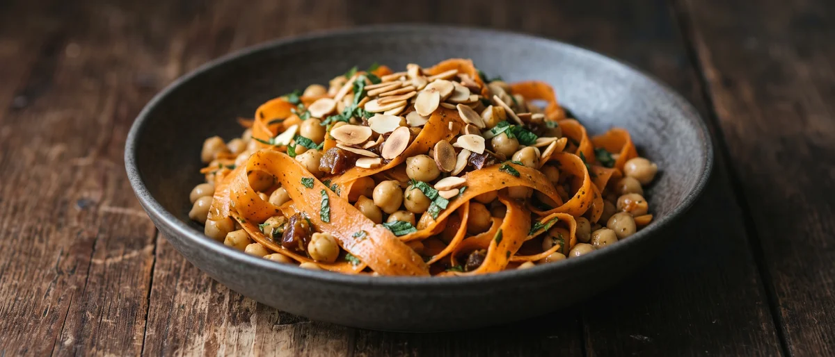 Moroccan-Spiced Carrot & Chickpea Salad - Ribboned carrots and chickpeas in a cumin-orange dressing with dates and almonds
