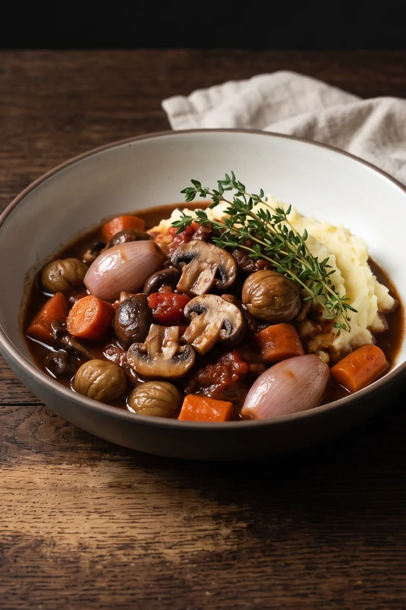 Mushroom & Chestnut Bourguignon-Style Stew - Deep, glossy mushroom stew with chestnuts, pearl onions and thyme over mash