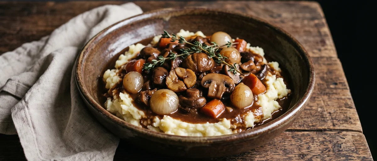 Mushroom & Chestnut Bourguignon-Style Stew - Deep, glossy mushroom stew with chestnuts, pearl onions and thyme over mashed potatoes