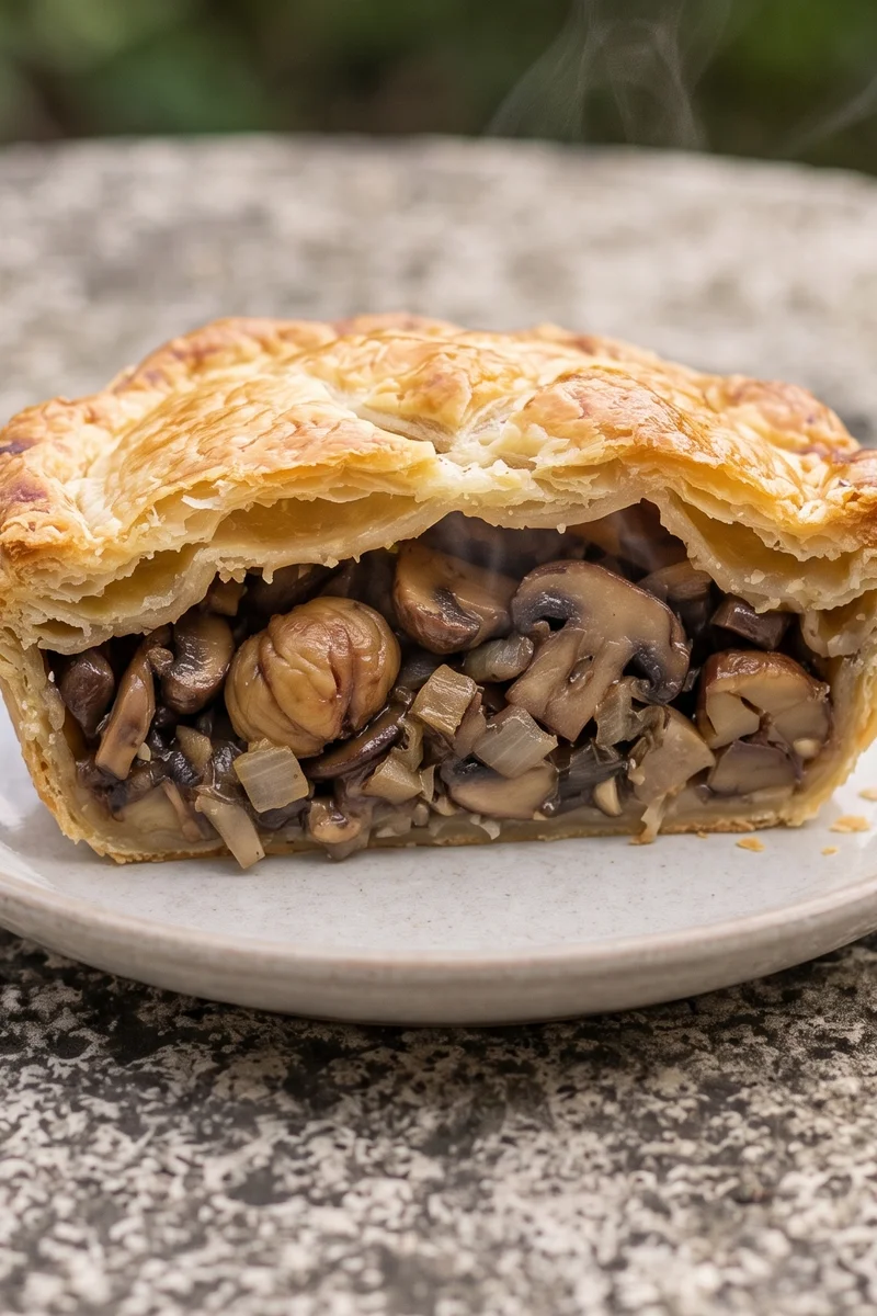 Mushroom & Chestnut Wellington-Free Puff Pie - A deep mushroom, chestnut and thyme filling under all-butter puff