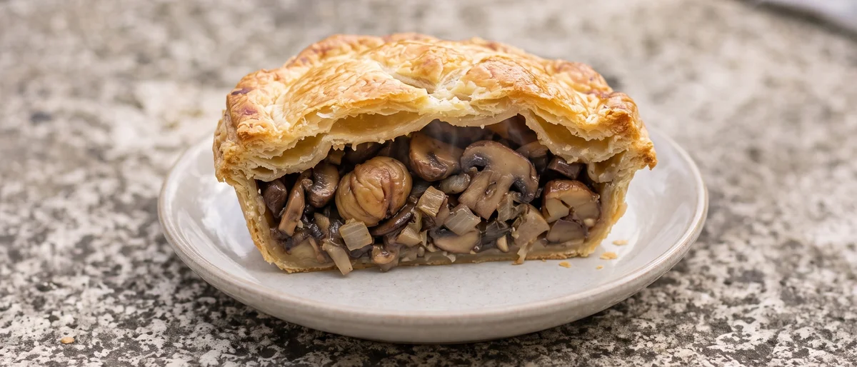 Mushroom & Chestnut Wellington-Free Puff Pie - A deep mushroom, chestnut and thyme filling under all-butter puff