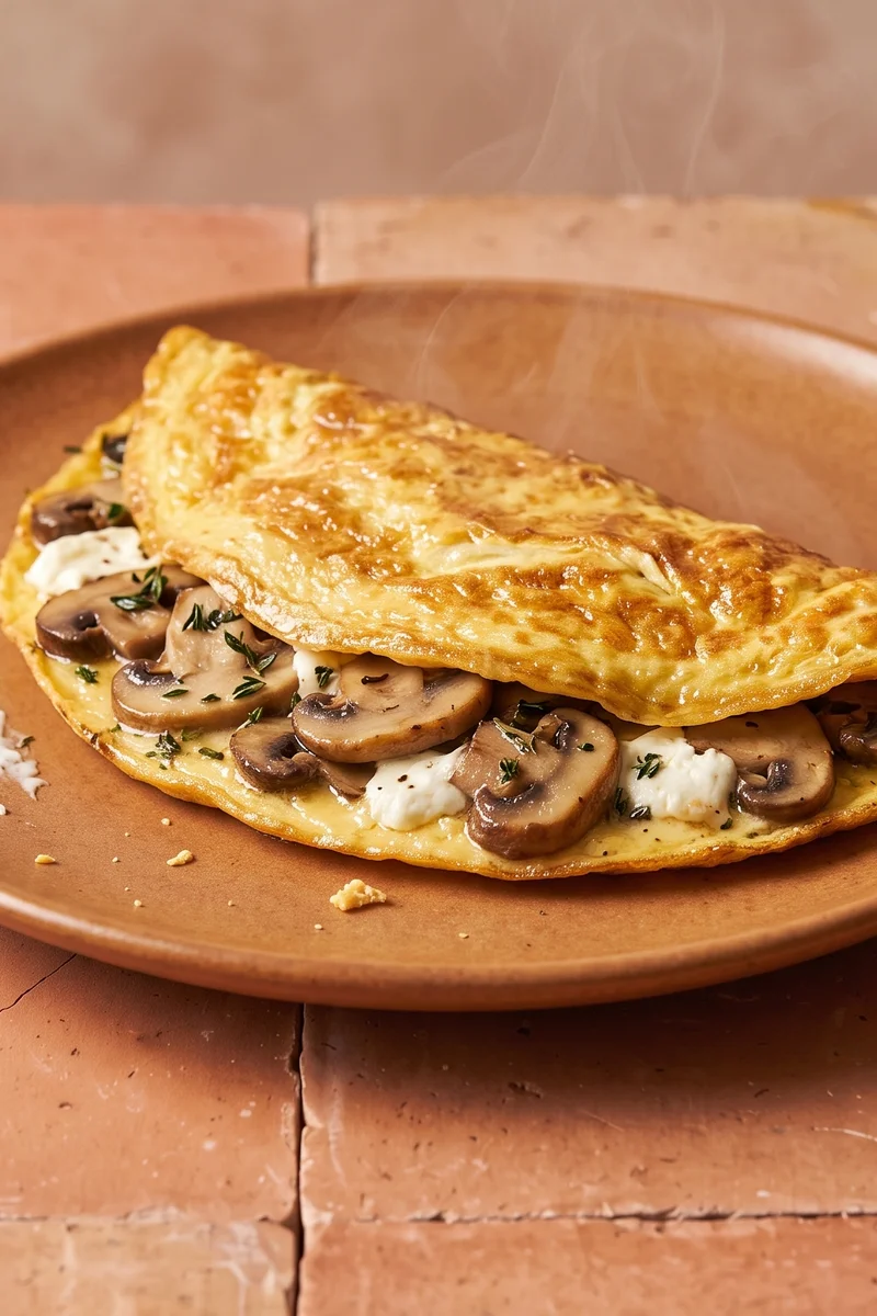 Mushroom & Goat Cheese Omelet - A classic folded omelet with golden mushrooms, thyme and soft goat cheese