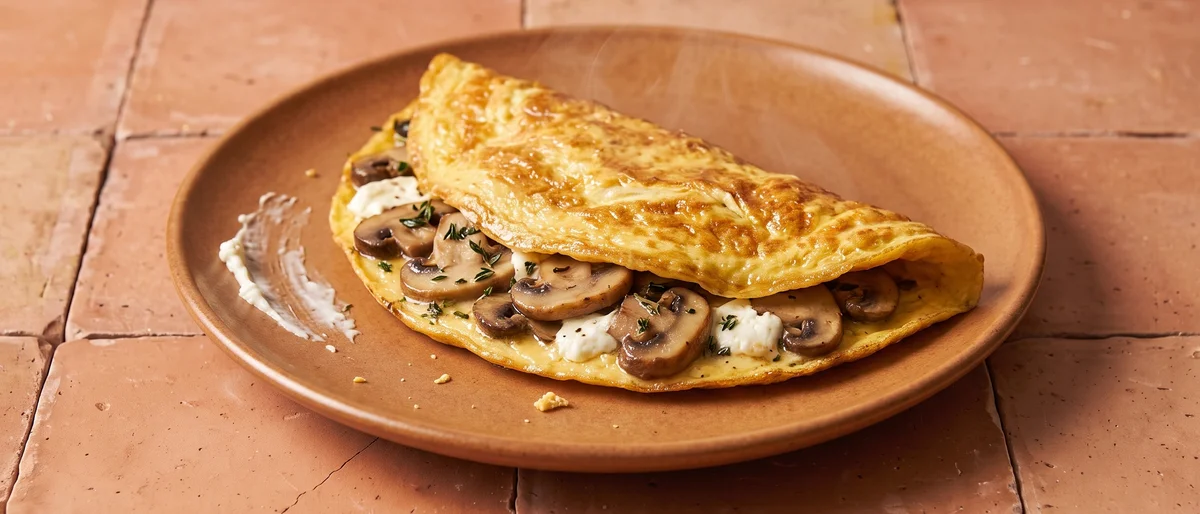 Mushroom & Goat Cheese Omelet - A classic folded omelet with golden mushrooms, thyme and soft goat cheese