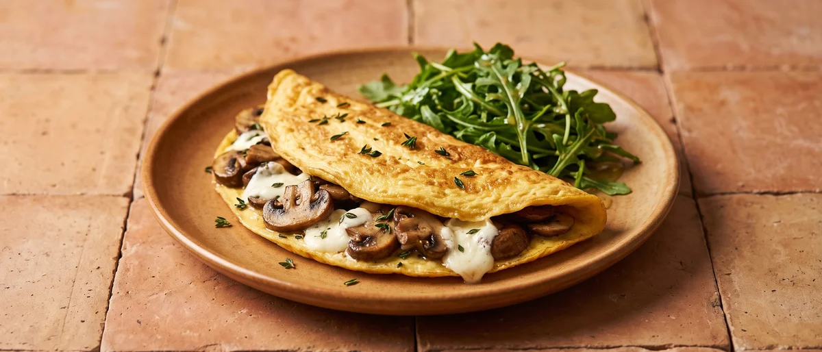 Mushroom & Goat Cheese Omelet - A classic folded omelet with golden mushrooms, thyme and soft goat cheese
