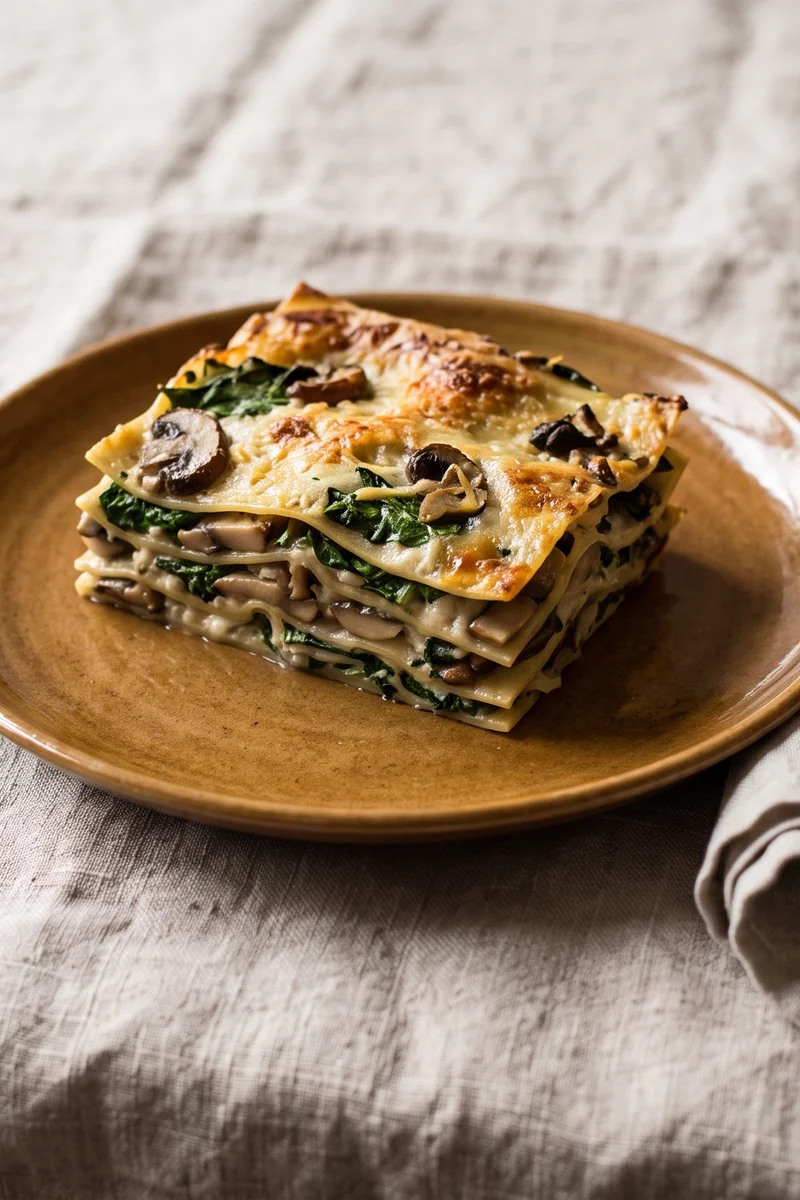 Mushroom & Spinach Lasagna - Layers of garlicky mushrooms, spinach and creamy bechamel between pasta sheets