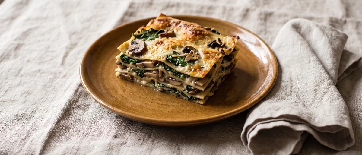 Mushroom & Spinach Lasagna - Layers of garlicky mushrooms, spinach and creamy bechamel between pasta sheets