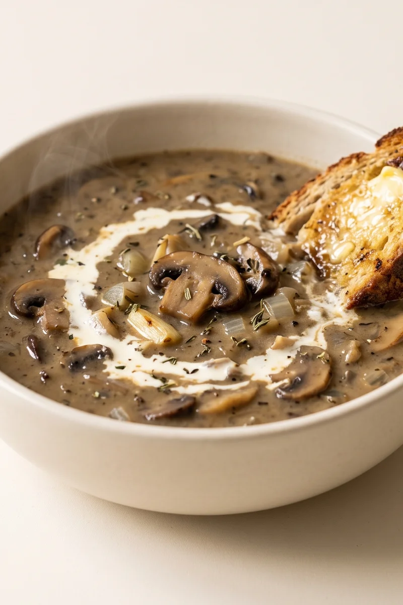 Mushroom & Thyme Soup with Cream & Sourdough - A deeply savory blended mushroom soup with thyme and a swirl of cream