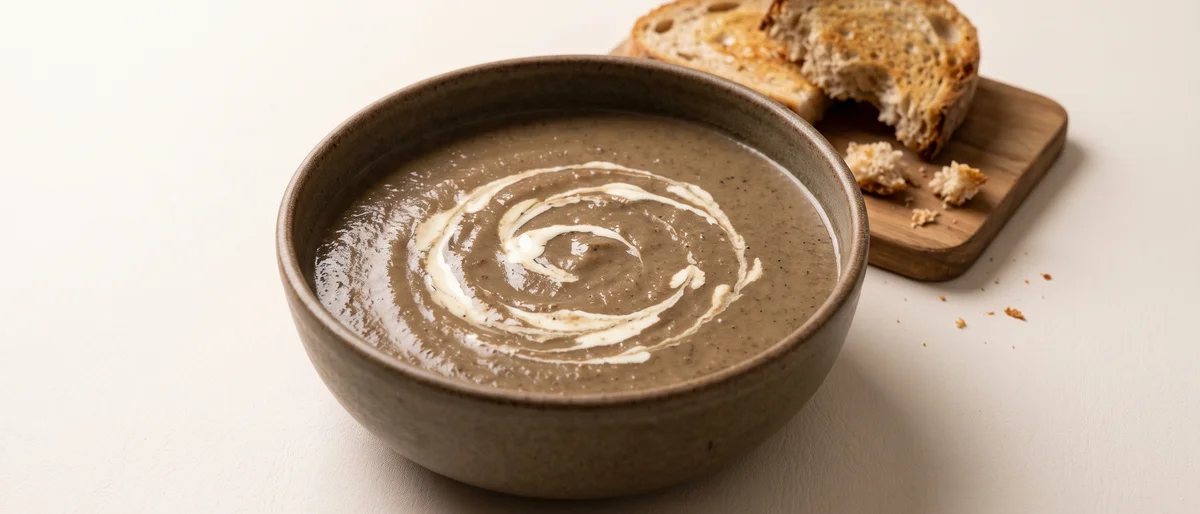 Mushroom & Thyme Soup with Cream & Sourdough - A deeply savory blended mushroom soup with thyme and a swirl of cream