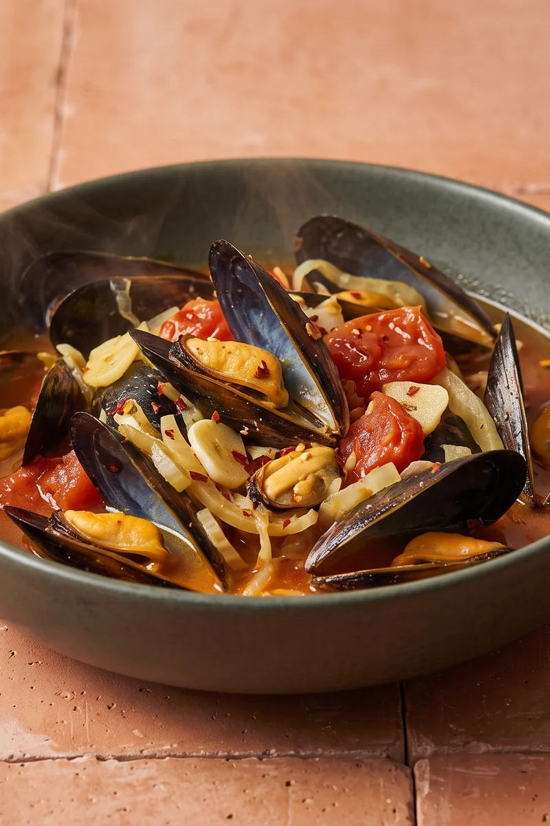 Mussels in Tomato & Fennel Broth - A big pot of mussels steamed in a garlicky tomato-fennel broth