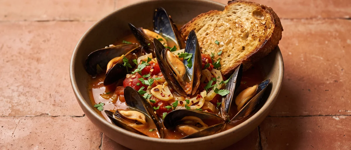 Mussels in Tomato & Fennel Broth - A big pot of mussels steamed in a garlicky tomato-fennel broth