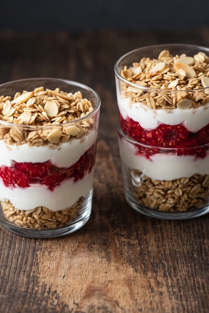 No-Bake Oat & Raspberry Crumble Cups - Layered cups of toasted oat-almond crumble, yogurt and smashed raspberries