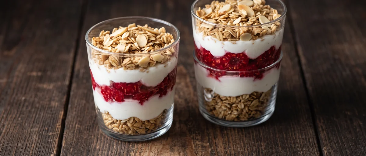 No-Bake Oat & Raspberry Crumble Cups - Layered cups of toasted oat-almond crumble, yogurt and smashed raspberries