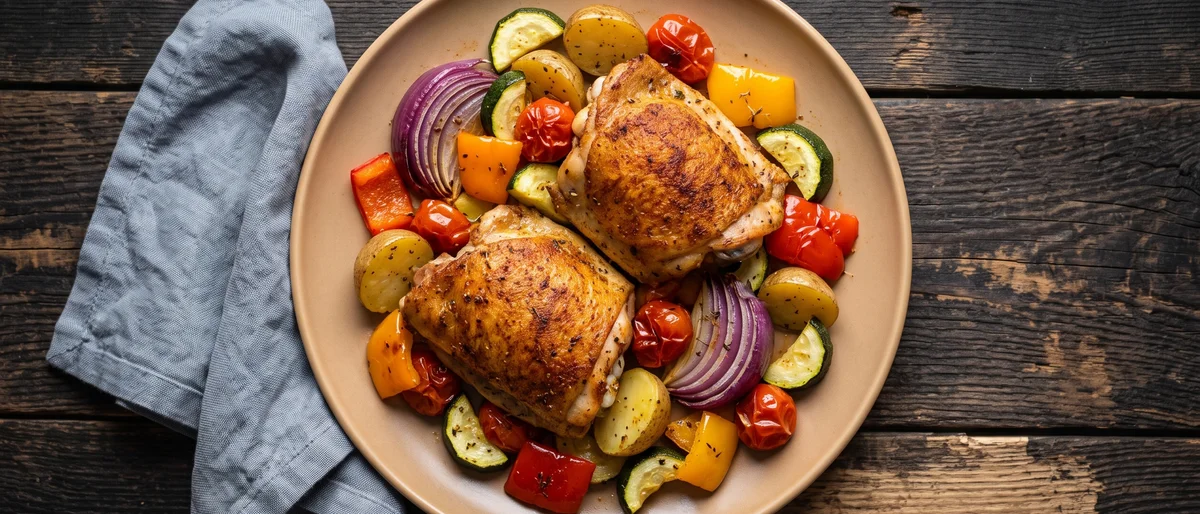 One-Pan Chicken & Rainbow Vegetables - Chicken thighs roasted over five colors of vegetables