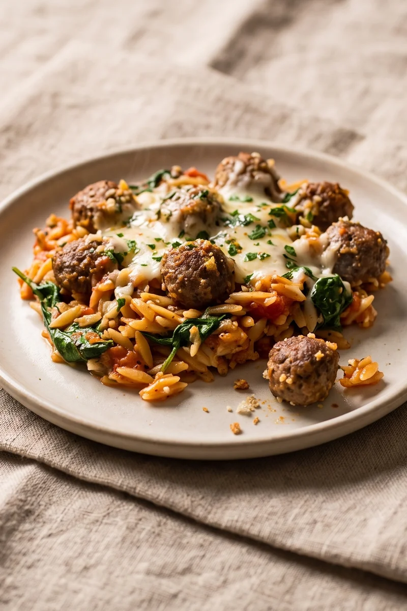 One-Pan Herby Meatball & Orzo Bake - Herbed beef meatballs baked into tomatoey orzo with spinach and mozzarella