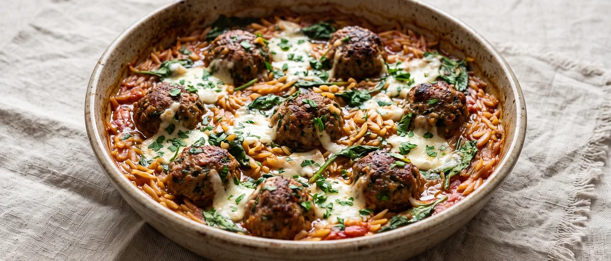 One-Pan Herby Meatball & Orzo Bake - Herbed beef meatballs baked into tomatoey orzo with spinach and mozzarella