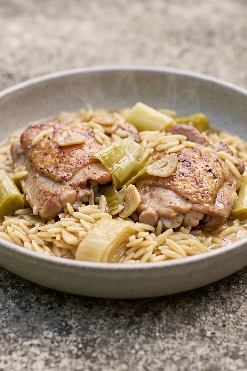 One-Pot Chicken, Leek & Orzo - Chicken thighs braised with leeks, lemon and orzo in one pot until everything is silky