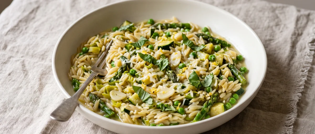 One-Pot Orzo Primavera with Lemon & Parmesan - Orzo simmered with peas, zucchini and asparagus, finished with lemon and Parmesan