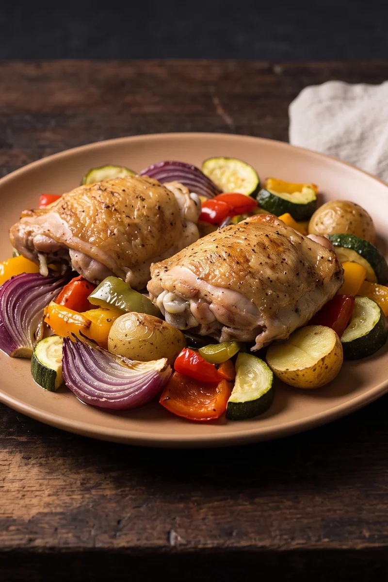 One-Tray Chicken & Rainbow Vegetables - Chicken thighs roasted over five colors of vegetables