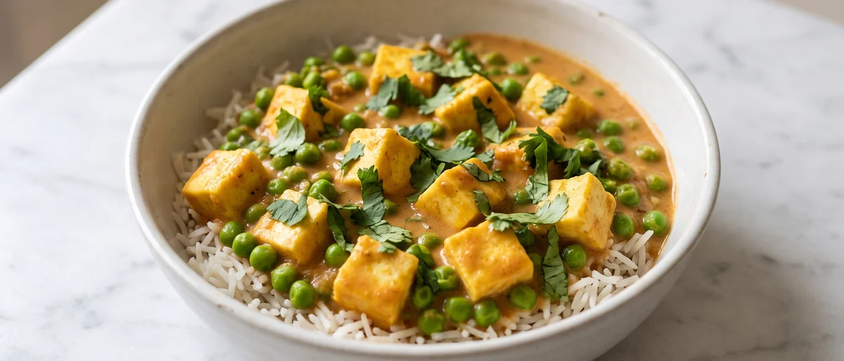 Paneer, Pea & Tomato Curry (Matar Paneer-Style) - Golden paneer and sweet peas in a buttery tomato gravy, kept mild on purpose