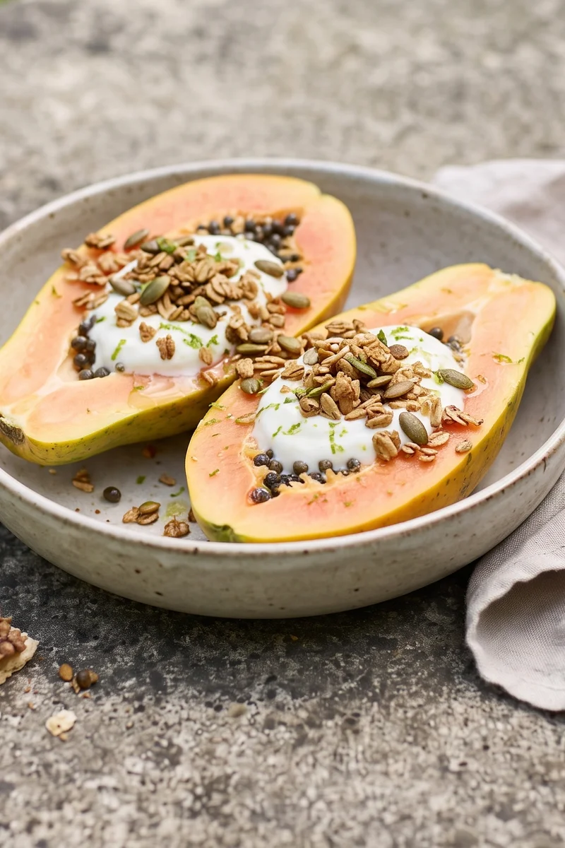Papaya Boats with Lime, Yogurt & Granola - Ripe papaya halves filled with vanilla yogurt, granola and lime