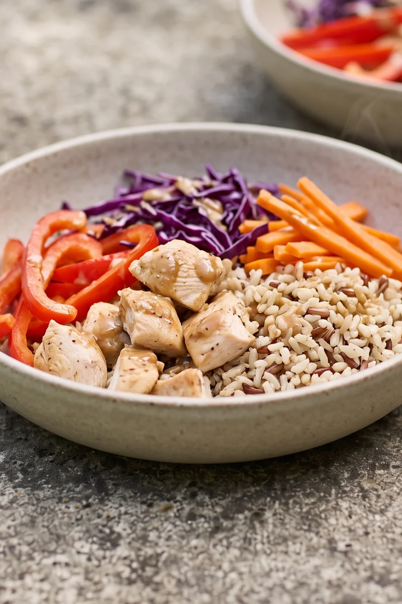 Peanut & Lime Chicken Rice Boxes - Meal-prep boxes of lime chicken, brown rice and crunchy veg with a peanut sauce that stays good all week