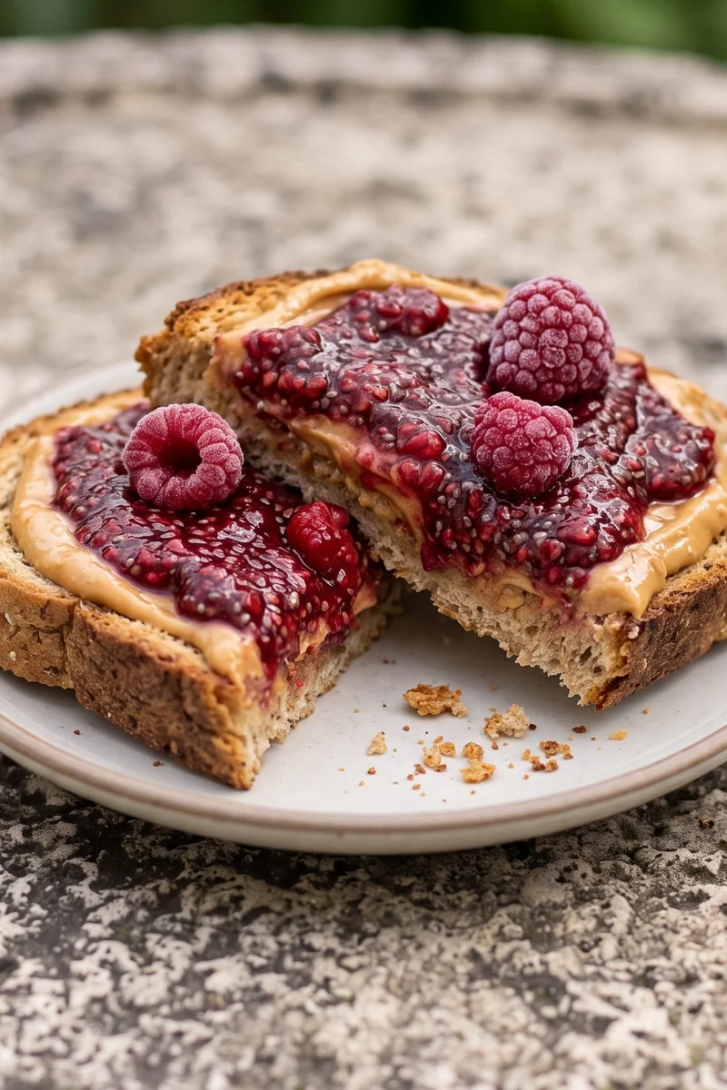 Peanut Butter & Raspberry Chia Jam Toast - Thick toast with peanut butter and a five-minute raspberry chia jam