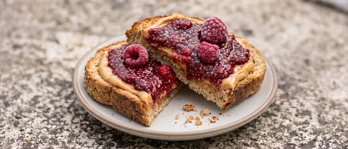 Peanut Butter & Raspberry Chia Jam Toast - Thick toast with peanut butter and a quick raspberry chia jam