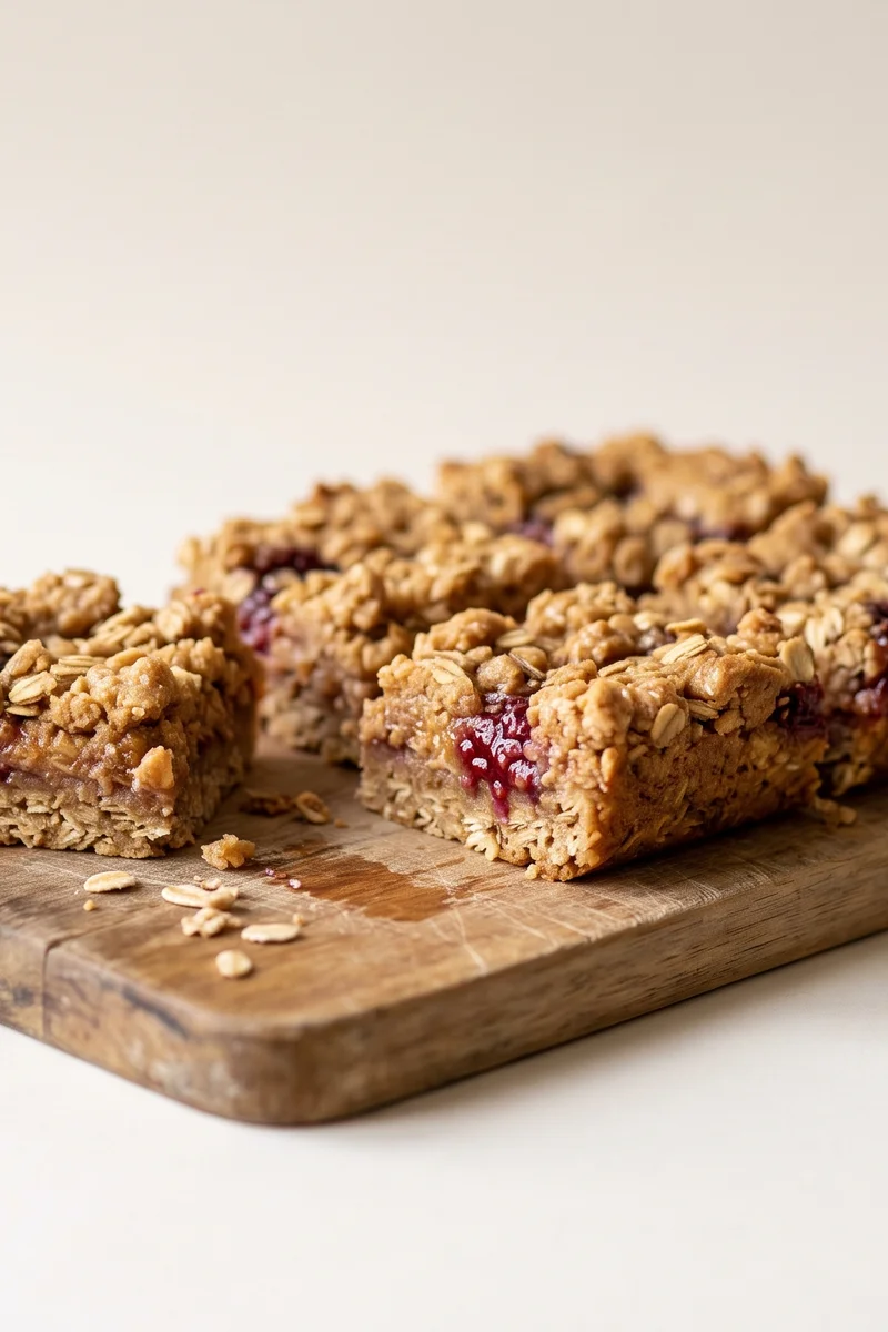 Peanut Butter & Raspberry Oat Squares - Baked oat squares with a peanut butter crumb and jammy raspberry middle