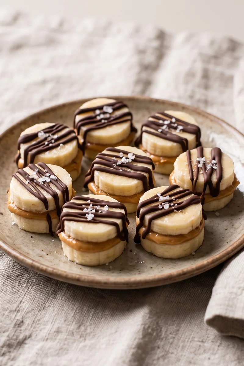 Peanut Butter Banana Frozen Bites - Banana coins sandwiched with peanut butter, kissed with dark chocolate and frozen