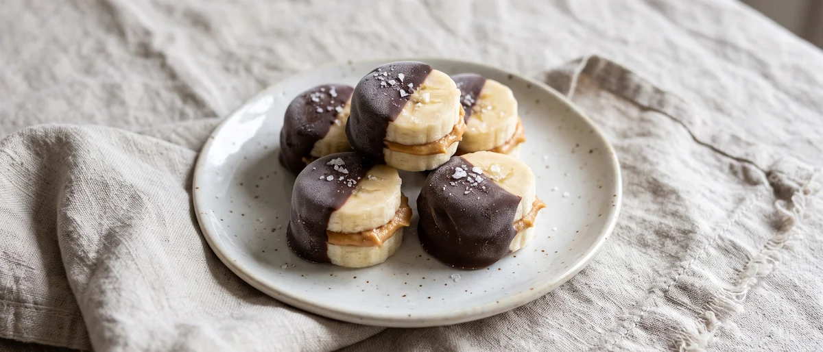 Peanut Butter Banana Frozen Bites - Banana coins sandwiched with peanut butter, kissed with dark chocolate and frozen