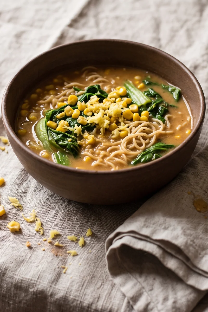 Peanut Butter Ramen-Style Noodle Soup - A creamy peanut-miso broth over noodles, greens and corn