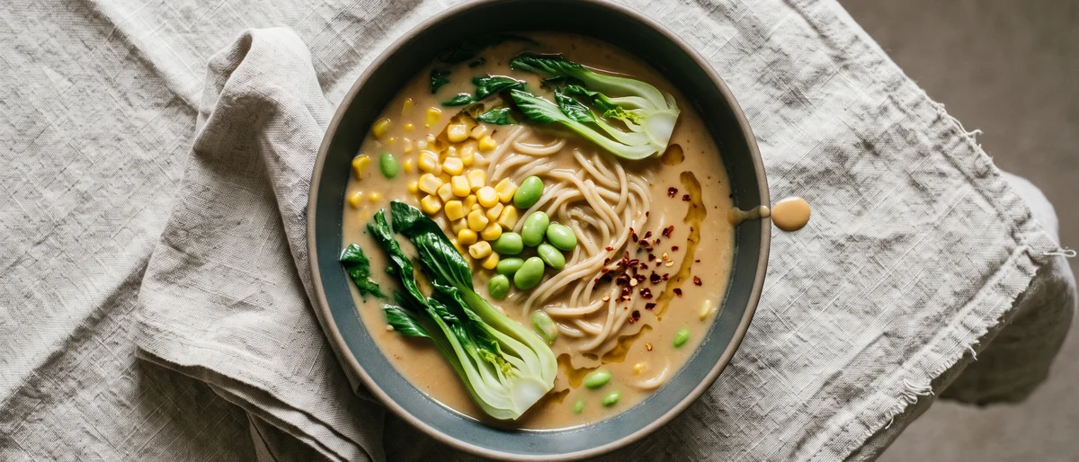 Peanut Butter Ramen-Style Noodle Soup - A creamy peanut-miso broth over noodles, greens and corn