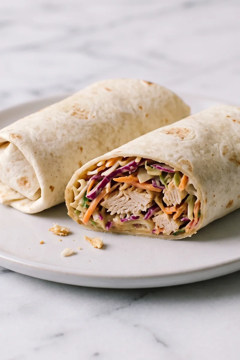 Peanut Chicken & Slaw Wraps - Shredded chicken and rainbow slaw in a peanut-lime dressing, rolled into wraps