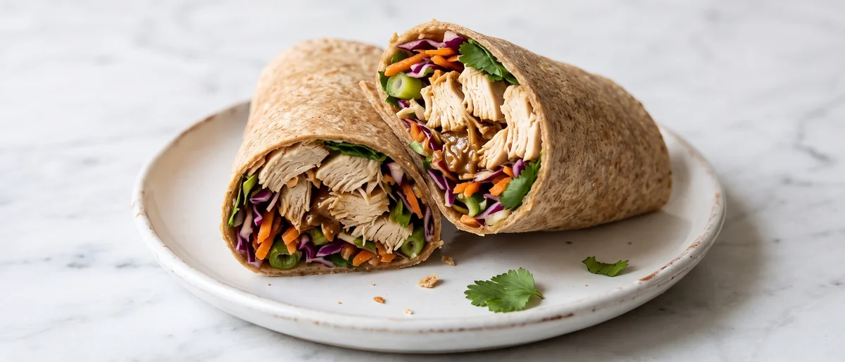 Peanut Chicken & Slaw Wraps - Shredded chicken and rainbow slaw in a peanut-lime dressing, rolled into wraps