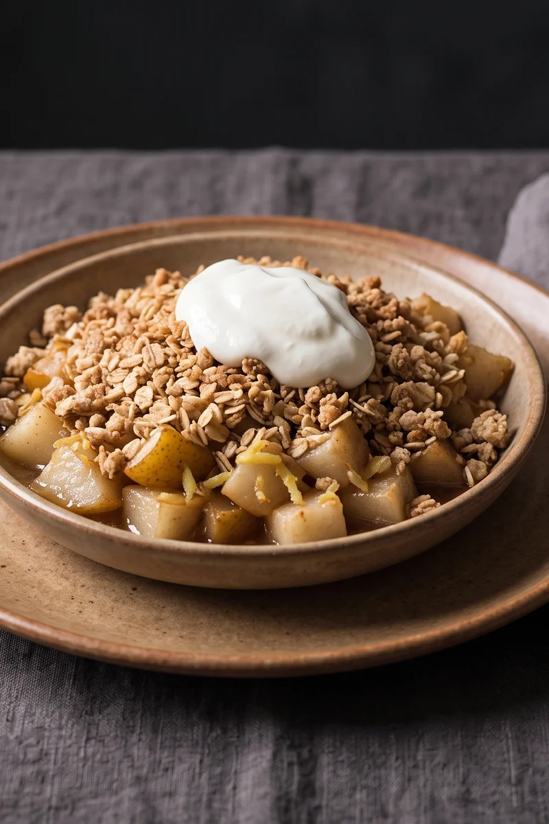 Pear, Ginger & Oat Breakfast Crumble Pots - Warm ginger-baked pears under a toasty oat crumble with cold yogurt