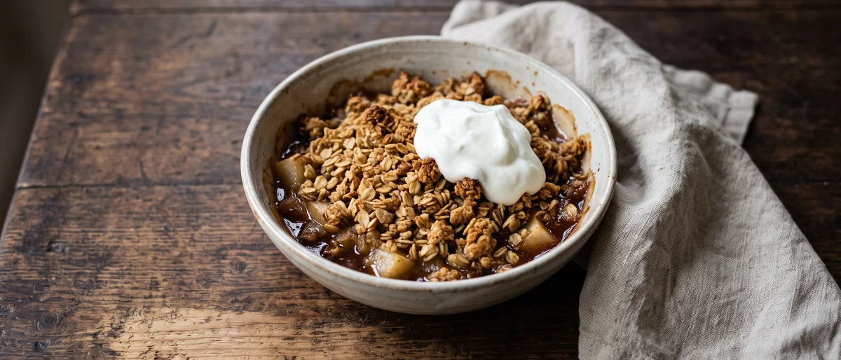 Pear, Ginger & Oat Breakfast Crumble Pots - Warm ginger-baked pears under a toasty oat crumble with cold yogurt
