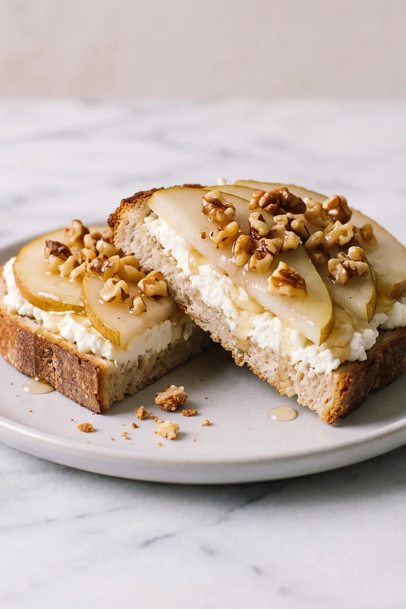 Pear, Ricotta & Honey Walnut Toasts - Small toasts of ricotta, ripe pear and honeyed walnuts