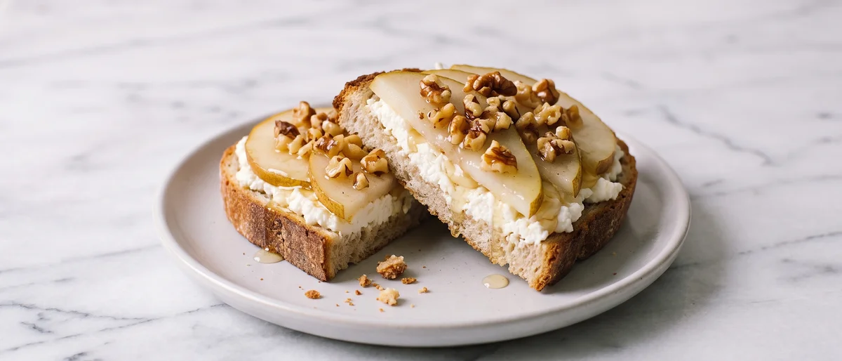 Pear, Ricotta & Honey Walnut Toasts - Small toasts of ricotta, ripe pear and honeyed walnuts