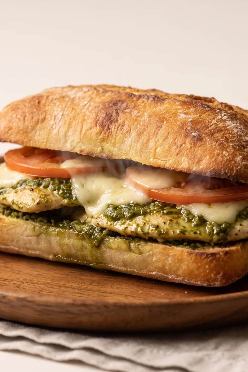Pesto Chicken, Mozzarella & Tomato Ciabatta - Hot pesto chicken with melting mozzarella and tomatoes in crusted ciabatta