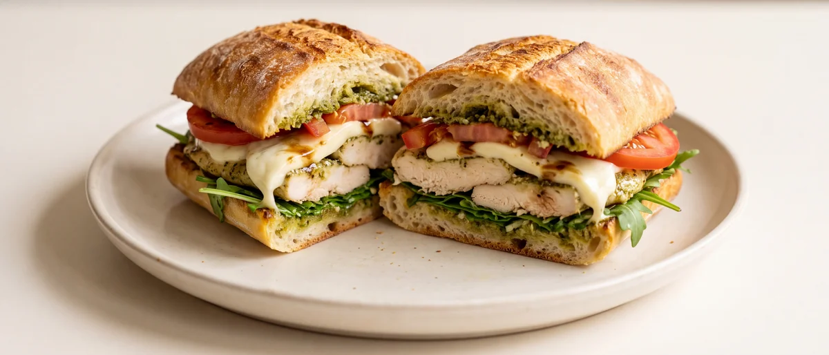 Pesto Chicken, Mozzarella & Tomato Ciabatta - Hot pesto chicken with melting mozzarella and tomatoes in crusted ciabatta